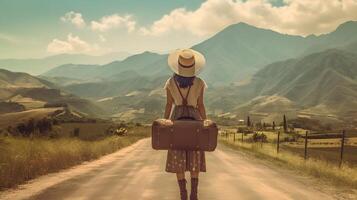 Happy travel woman on vacation concept. Funny traveler enjoy her trip and ready to adventure. photo