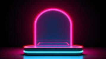 dark podium for objects with neon light background. photo