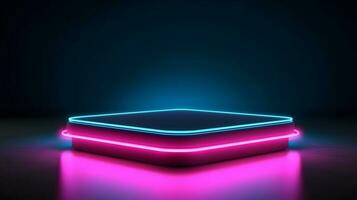 dark podium for objects with neon light background. photo