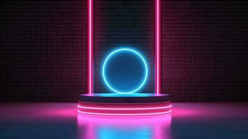 dark podium for objects with neon light background. photo