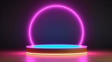 dark podium for objects with neon light background. photo