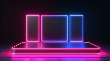 dark podium for objects with neon light background. photo