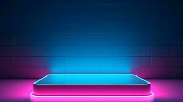 dark podium for objects with neon light background. photo