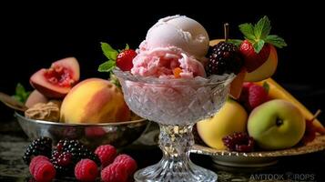 Ice cram with fresh fruit. photo