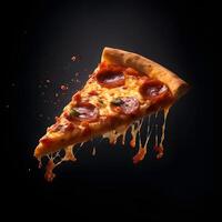 Pizza slice and hot pizza on black background, generative AI photo