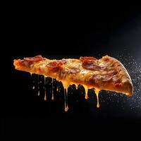 Pizza slice and hot pizza on black background, generative AI photo