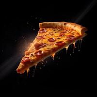 Pizza slice and hot pizza on black background, generative AI photo