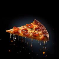 Pizza slice and hot pizza on black background, generative AI photo