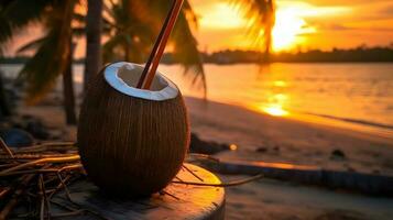 Coconut drink with straw on the beach. photo