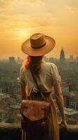 Young woman traveler with backpack and hat traveling. photo