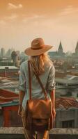 Young woman traveler with backpack and hat traveling. photo