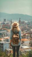 Young woman traveler with backpack and hat traveling. photo