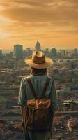 Young woman traveler with backpack and hat traveling. photo