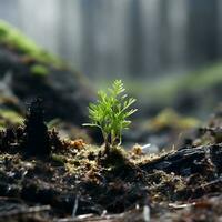 The close-up of young green sprout after fire. photo