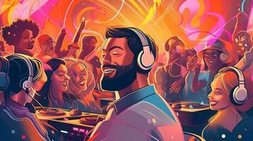 DJ plays at nightclub during party. EDM, party concept. photo