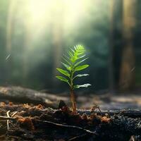 The close-up of young green sprout after fire. photo