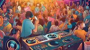 DJ plays at nightclub during party. EDM, party concept. photo