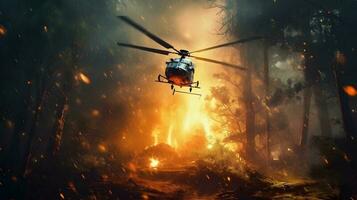 Fire fighting helicopter carry water bucket to extinguish the forest fire photo