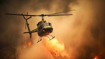 Fire fighting helicopter carry water bucket to extinguish the forest fire photo