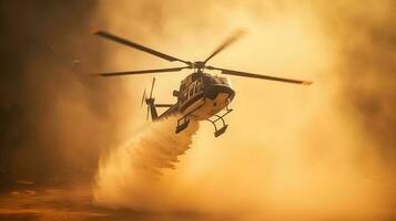 Fire fighting helicopter carry water bucket to extinguish the forest fire photo