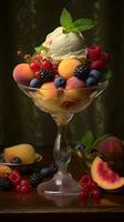 hielo crema con Fresco fruta. foto