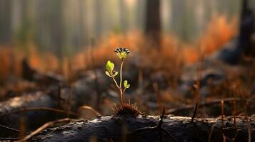 The close-up of young green sprout after fire. photo