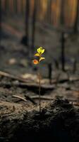 The close-up of young green sprout after fire. photo