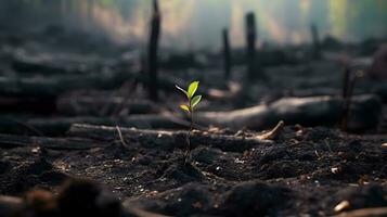 The close-up of young green sprout after fire. photo