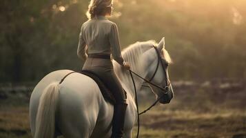 caucásico mujer y caballo formación durante puesta de sol foto