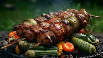 Beef steaks and vegetables on the grill with flames. Barbecue. photo