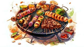 Beef steaks and vegetables on the grill with flames. Barbecue. photo