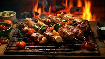 Beef steaks and vegetables on the grill with flames. Barbecue. photo