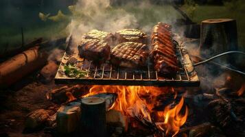 carne de vaca filetes y vegetales en el parrilla con llamas parilla. foto