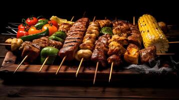 Beef steaks and vegetables on the grill with flames. Barbecue. photo