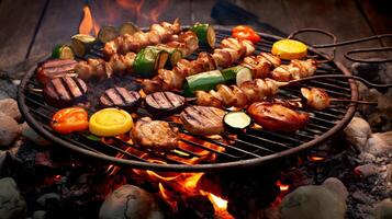 Beef steaks and vegetables on the grill with flames. Barbecue. photo