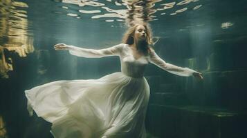 Woman with weding dress underwater. photo