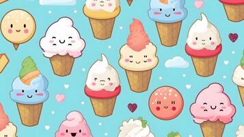 cute cartoon ice creams on white background in japan kawaii style photo