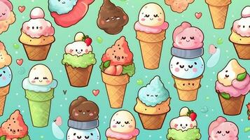 cute cartoon ice creams on white background in japan kawaii style photo