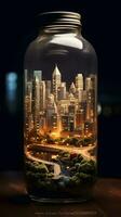 miniatura ciudad en un vaso botella foto