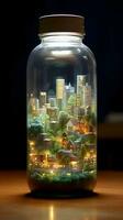 miniatura ciudad en un vaso botella foto