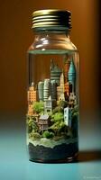 miniatura ciudad en un vaso botella foto