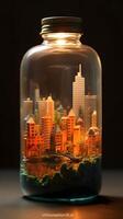 miniatura ciudad en un vaso botella foto