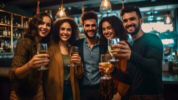 Diverse group of friends celebrating with drinks. photo