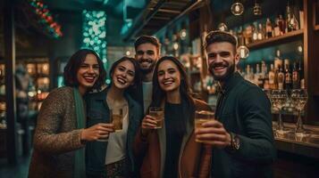 Diverse group of friends celebrating with drinks. photo