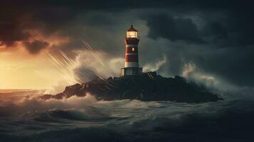 Spectacular lighthouse provide light during a large storm on the seashore. photo