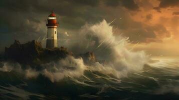 Spectacular lighthouse provide light during a large storm on the seashore. photo