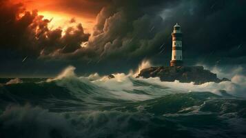 Spectacular lighthouse provide light during a large storm on the seashore. photo