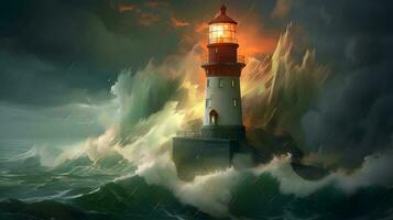 Spectacular lighthouse provide light during a large storm on the seashore. photo