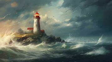 Spectacular lighthouse provide light during a large storm on the seashore. photo