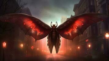 Mothman over the small American town. Illustration based on the urban legend of Point Pleasant. photo